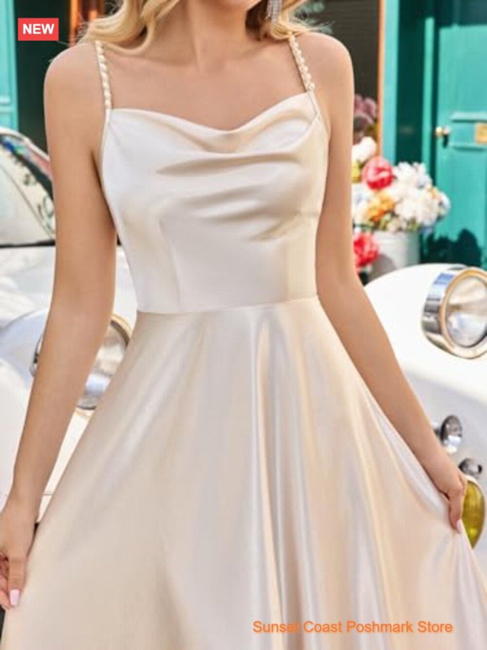 Satin Pearl Slip Dress Cowl Neck Backless Midi Adjustable Straps Wedding Guest - Picture 3 of 7